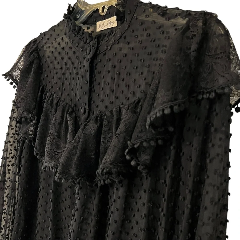 LoveShackFancy Erica SWISS DOT HIGH NECK LACE BLOUSE Ruffled Button Front Sheer - Picture 9 of 16